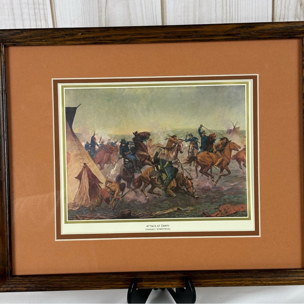 Vintage "Attack at Dawn" by Charles C. Schreyvogel Framed Artwork 8.5 x 10.5 - Picture 2 of 7
